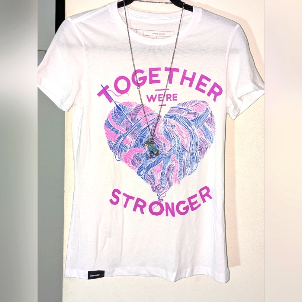 White T-Shirt with Pink and Purple Heart Design Together Were Stronger Only $10